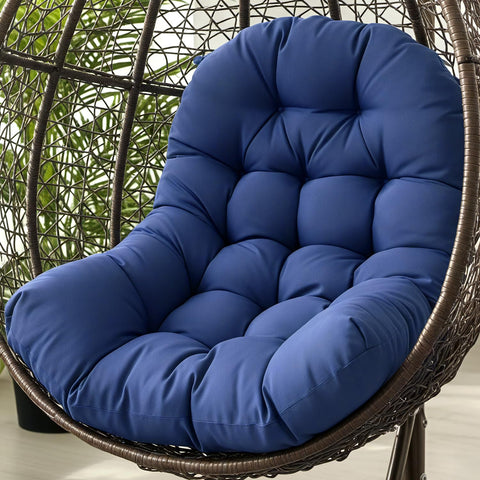 Stayden blue egg chair cushion with non-slip straps prevents sliding.