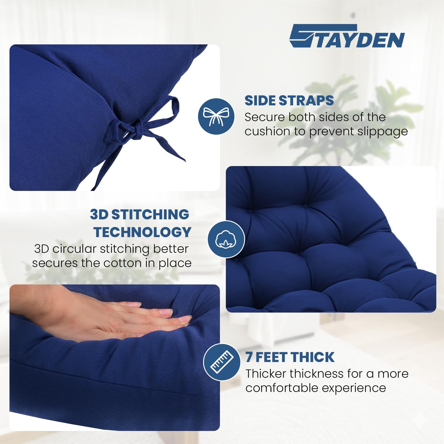 Stayden blue egg chair cushion on patio furniture for sunny days.