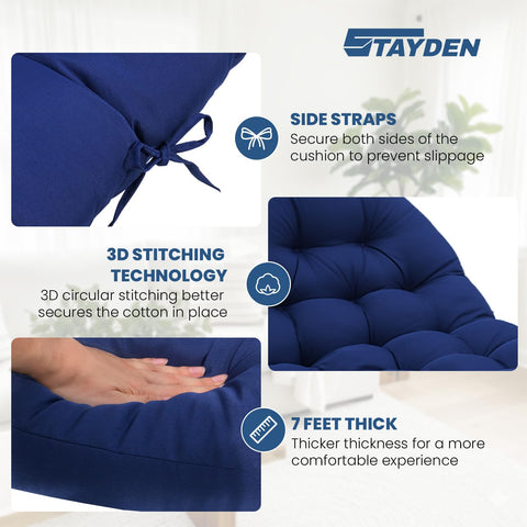 Stayden blue egg chair cushion on patio furniture for sunny days.