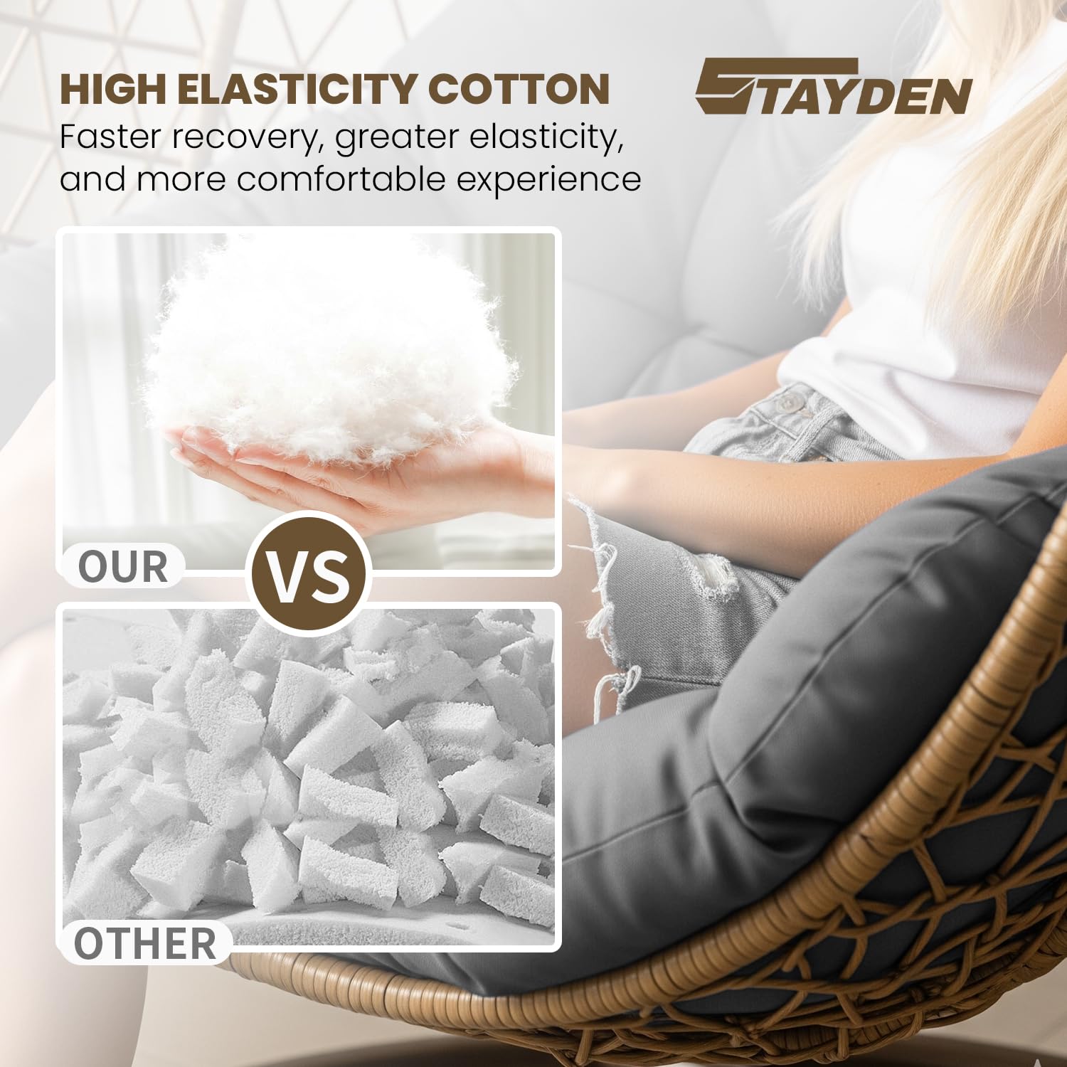STAYDEN egg chair cushion packaging notes indicating vacuum restoration needs