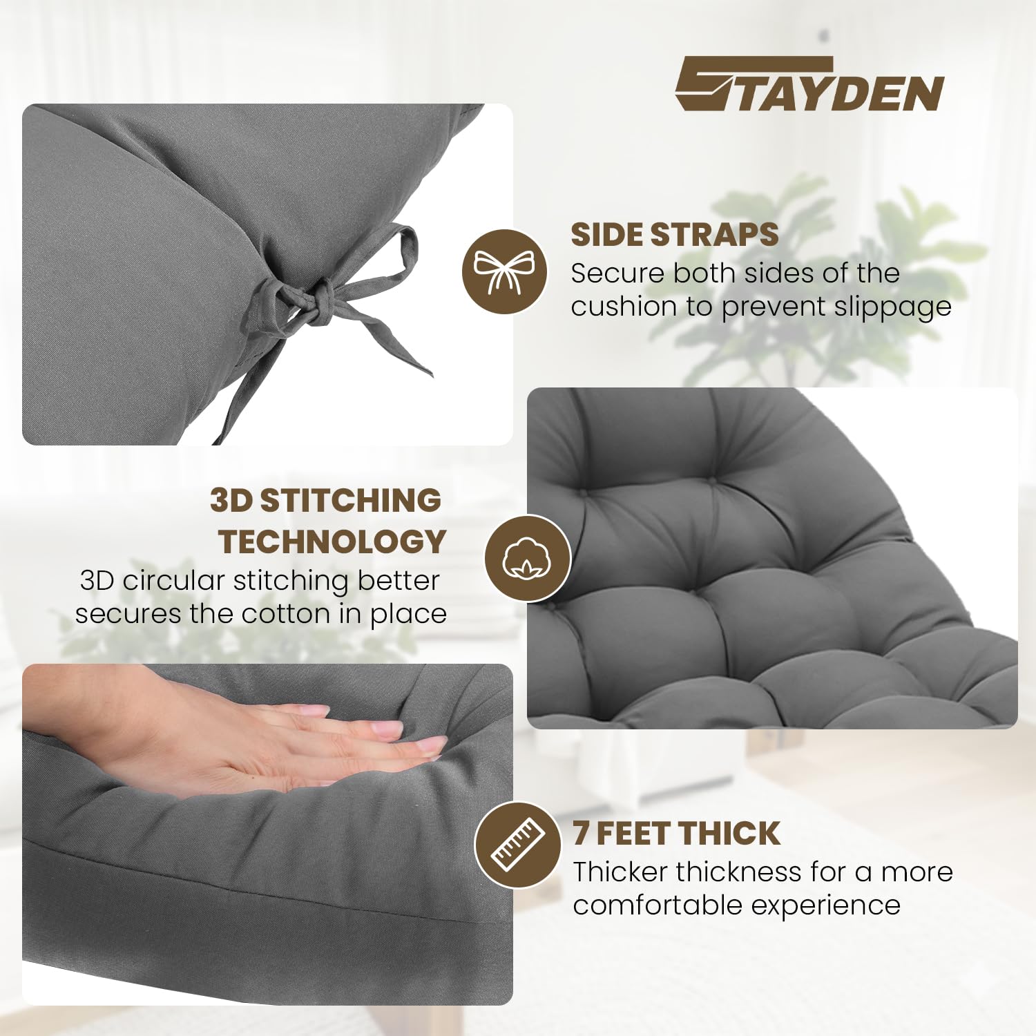 STAYDEN egg chair cushion straps detail for secure outdoor mounting