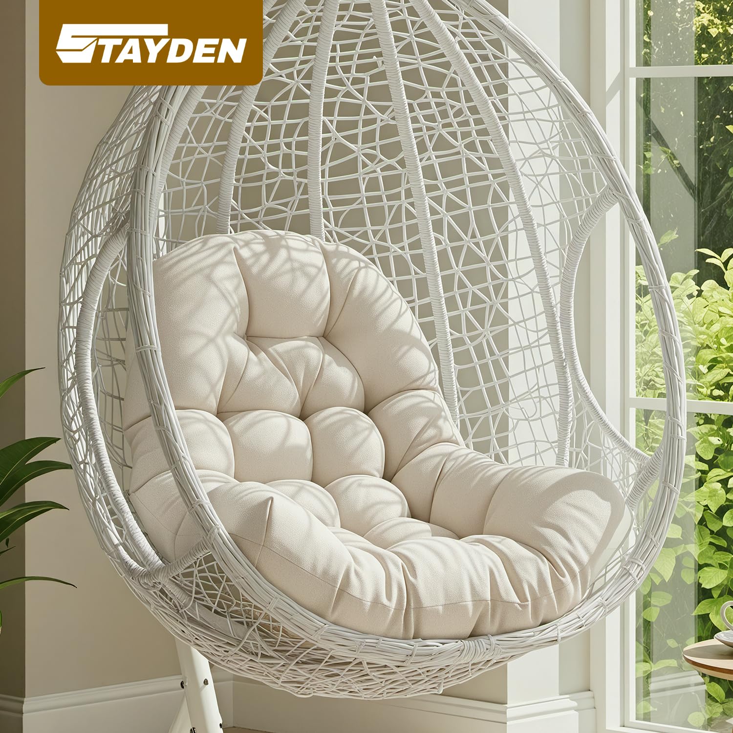 STAYDEN Egg Chair Cushion white side profile highlighting thickness.