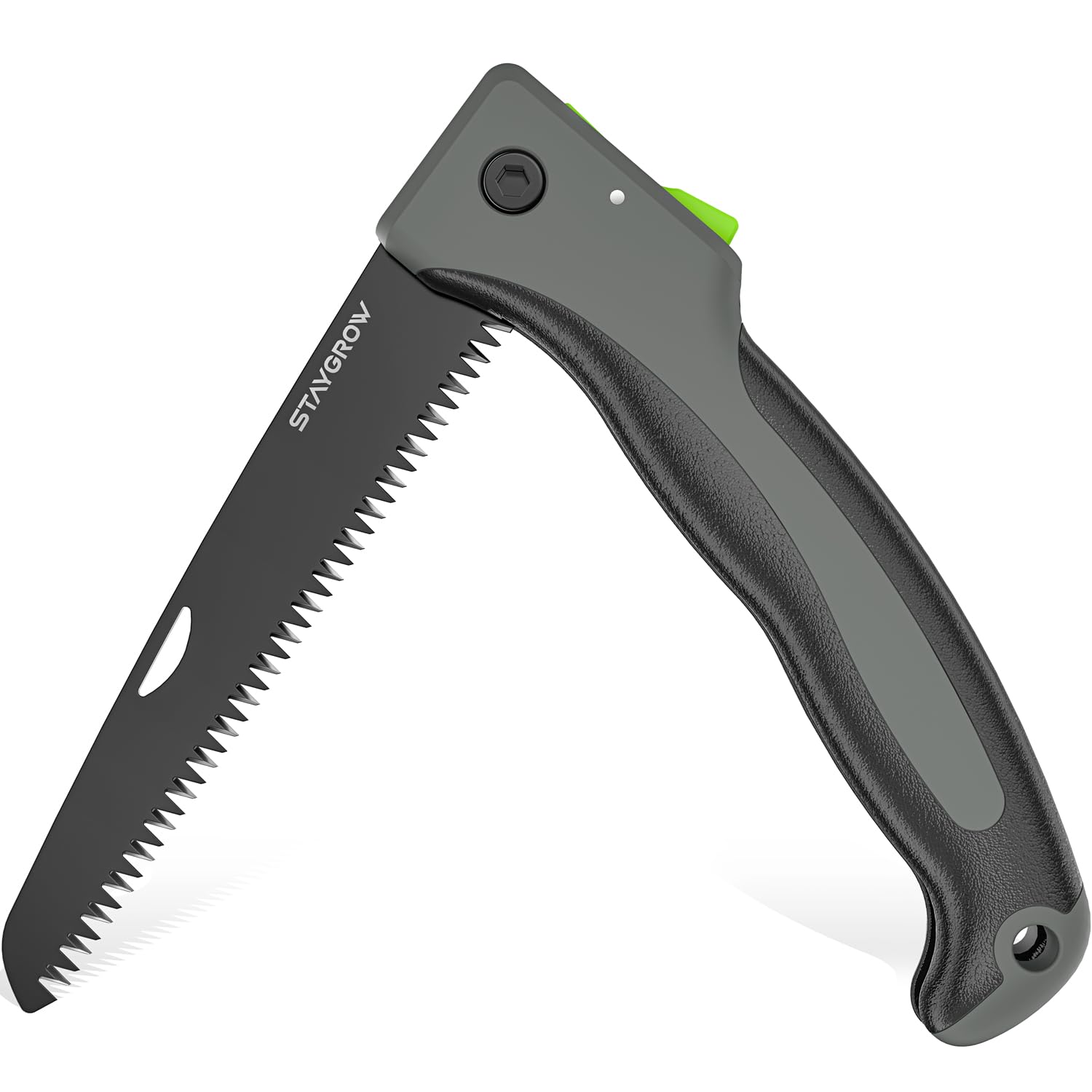 STAYGROW 7-Inch folding pruning saw blade close-up emphasizes sharp edge for clean wood cuts.