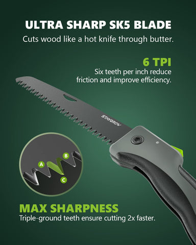 STAYGROW folding saw in closed pocket shot shows ultra-compact design for easy carry.