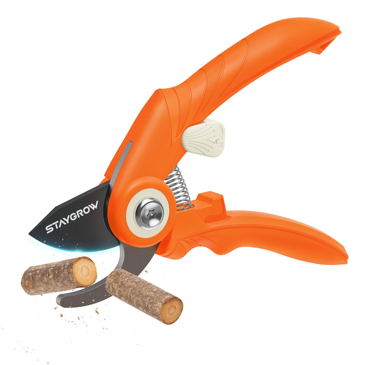 STAYGROW pruning shears with a 6.9-inch blade close-up showing sharp, rust-resistant cuts.