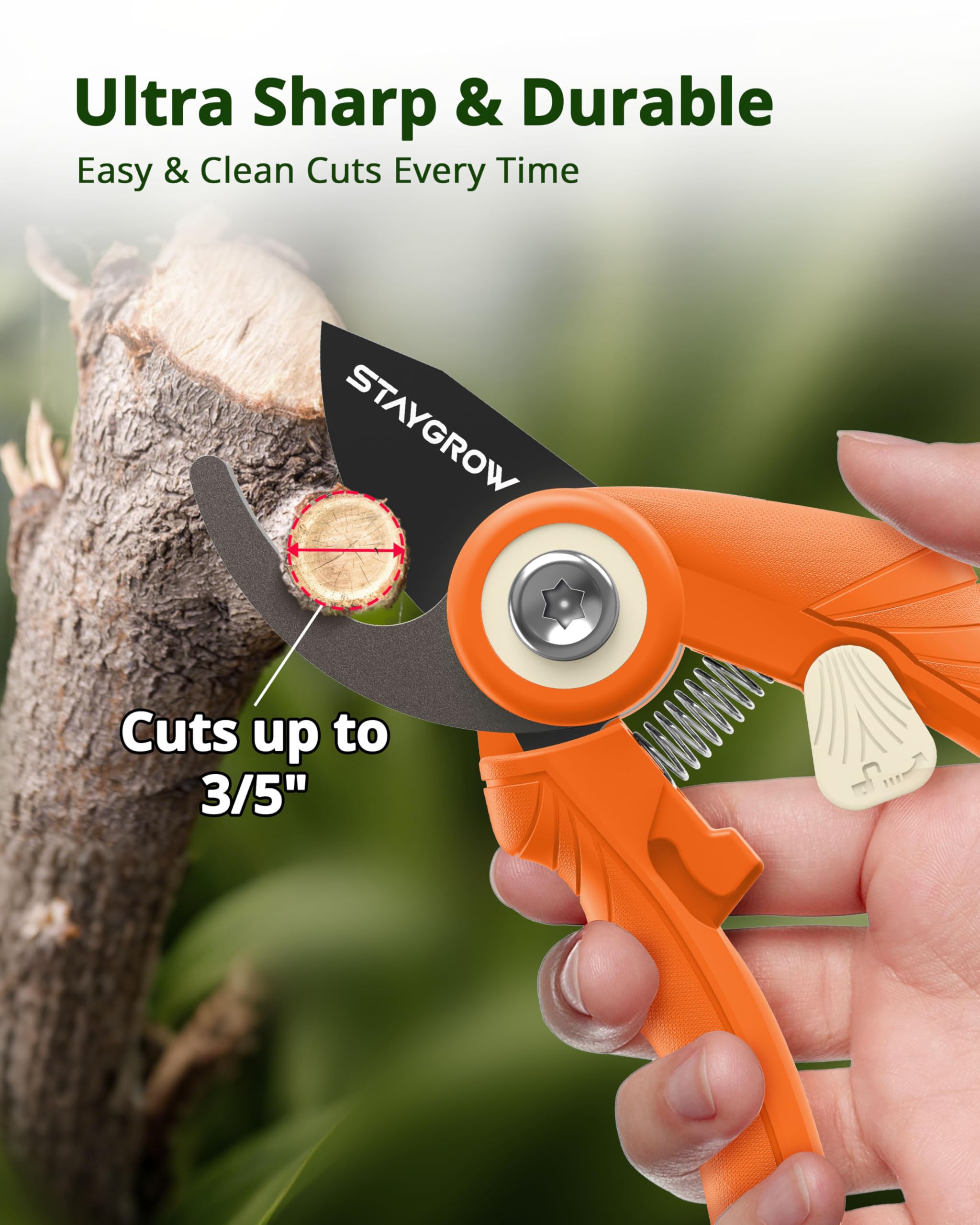 STAYGROW ergonomic handle with spring reduces effort during pruning tasks.