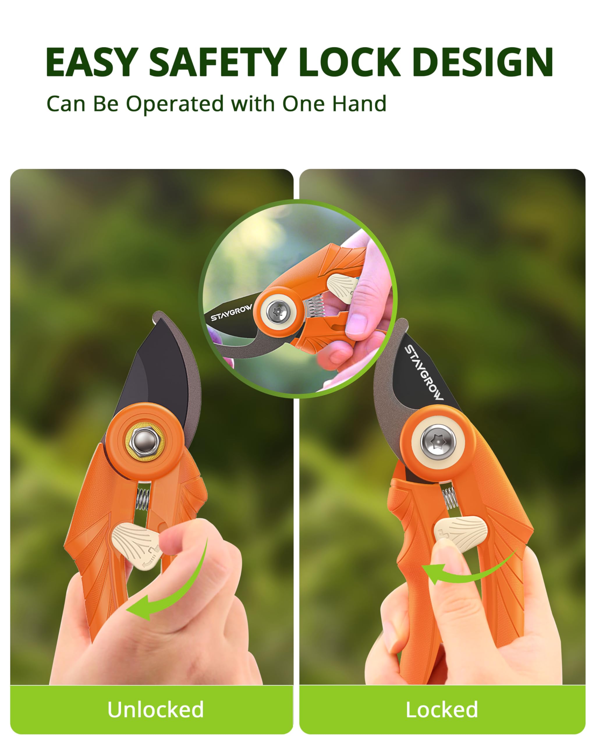 STAYGROW orange-handle pruner ready for trimming flowers and shrubs.