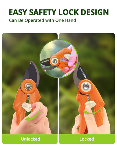 STAYGROW orange-handle pruner ready for trimming flowers and shrubs.