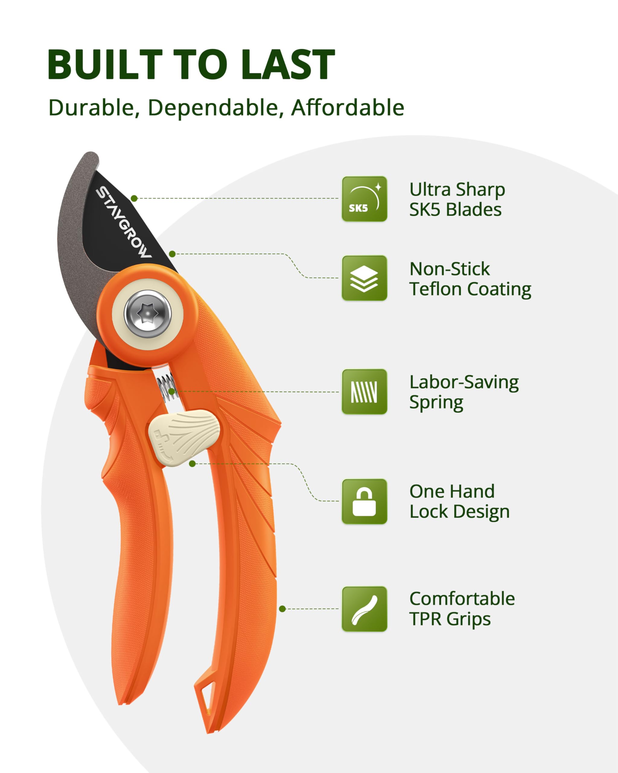 STAYGROW pruning shears safety lock demonstrates secure, one-handed operation.