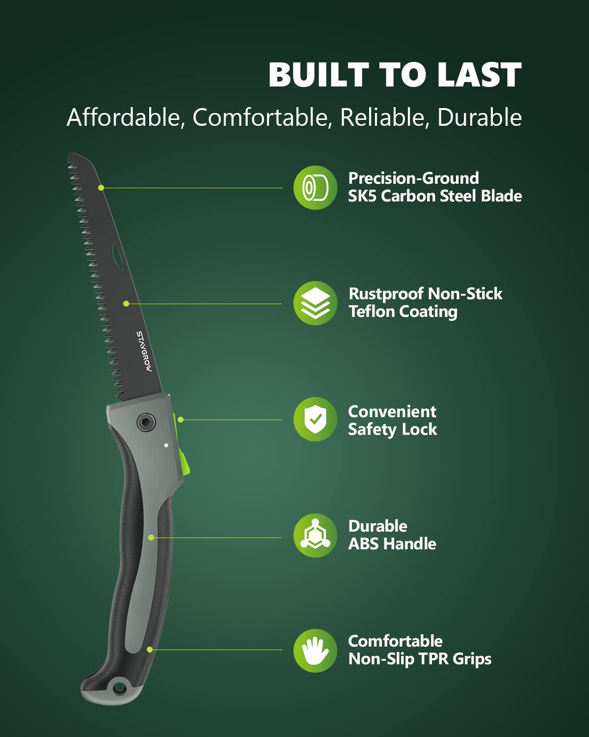 STAYGROW pruning saw safety lock in use highlights secure blade during pruning tasks.