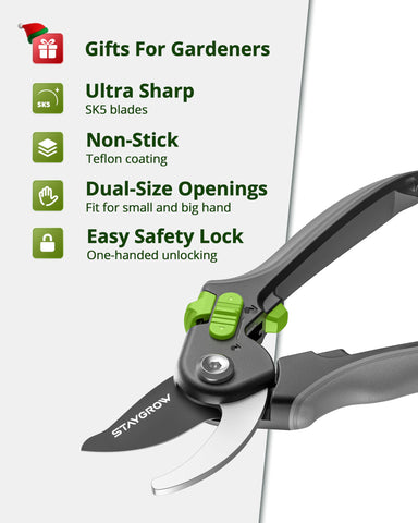 StayGROW stainless-steel-pruners durable, rust-resistant design for year-round use.