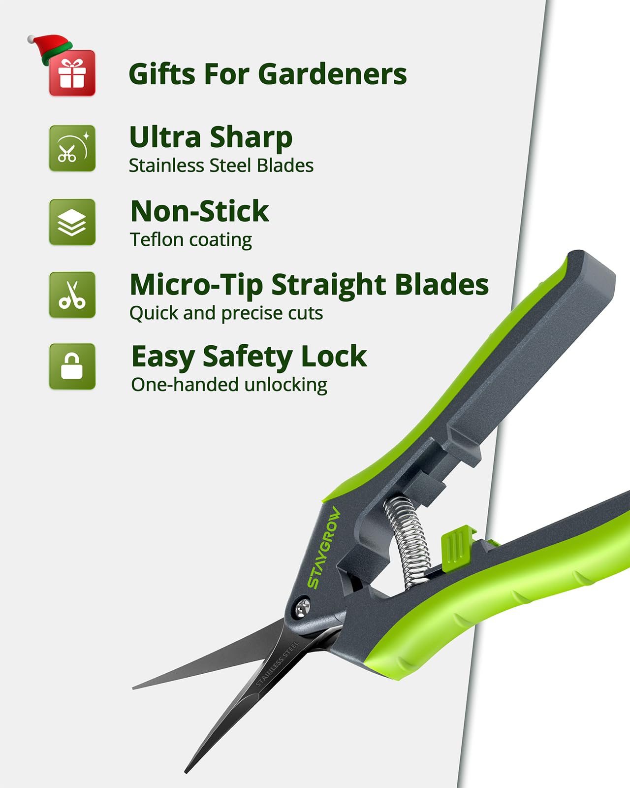 STAYGROW steel springs ensure smooth, consistent pruning action.