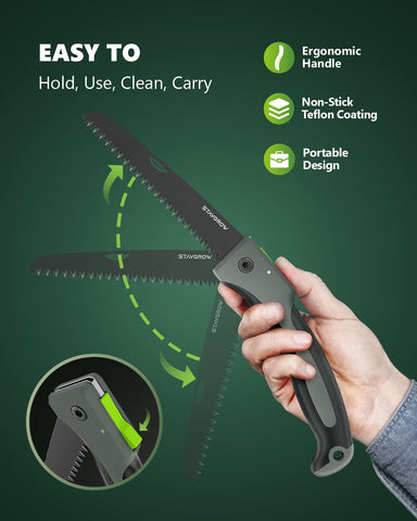 STAYGROW saw cutting wood image suggests efficient branch trimming and wood preparation.
