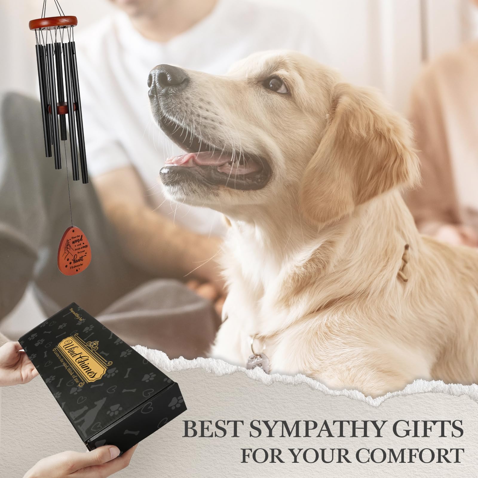 SteadStyle dog memorial wind chime gift box includes condolence card for thoughtful sympathy.