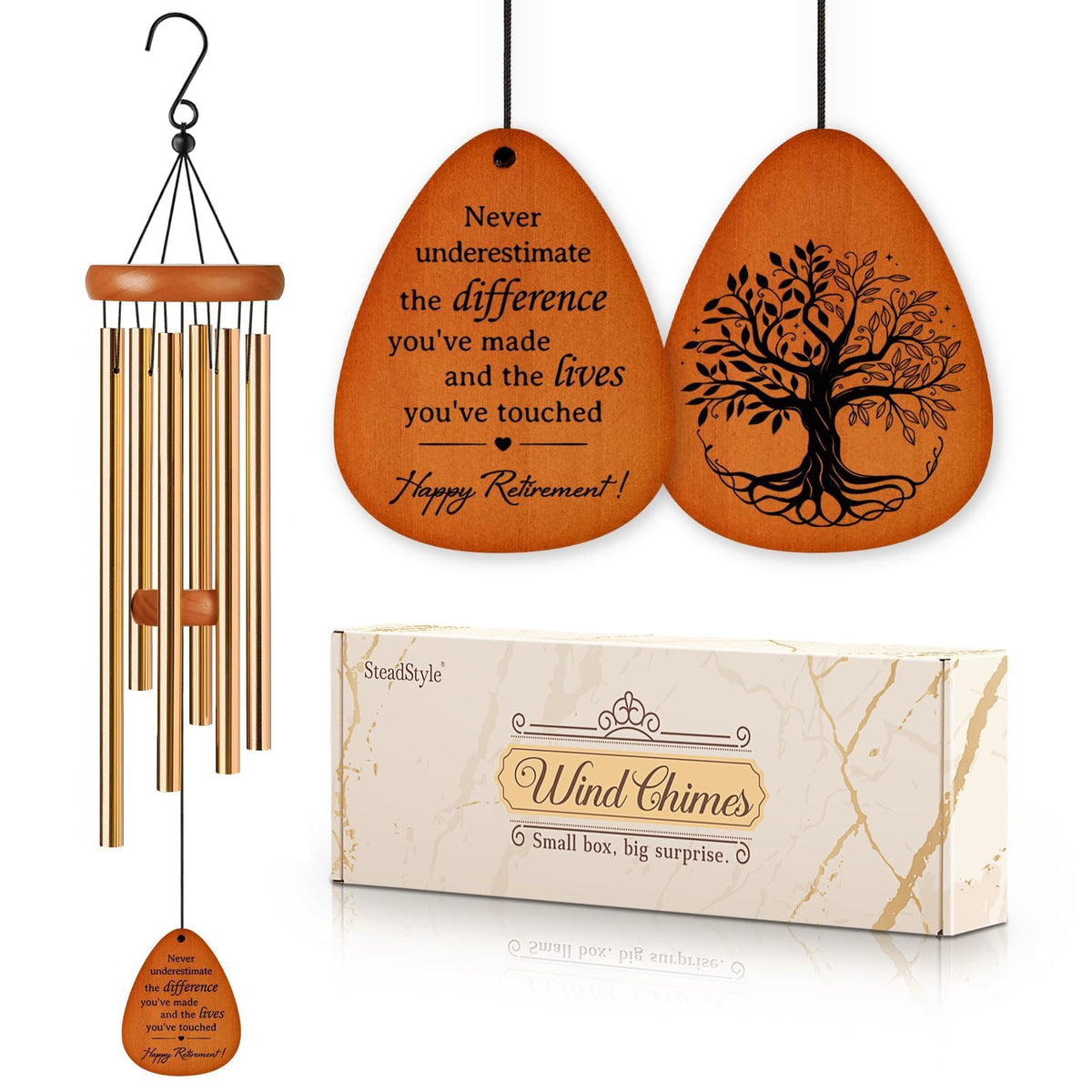 SteadStyle retirement wind chime in gift box for celebrating a milestone.