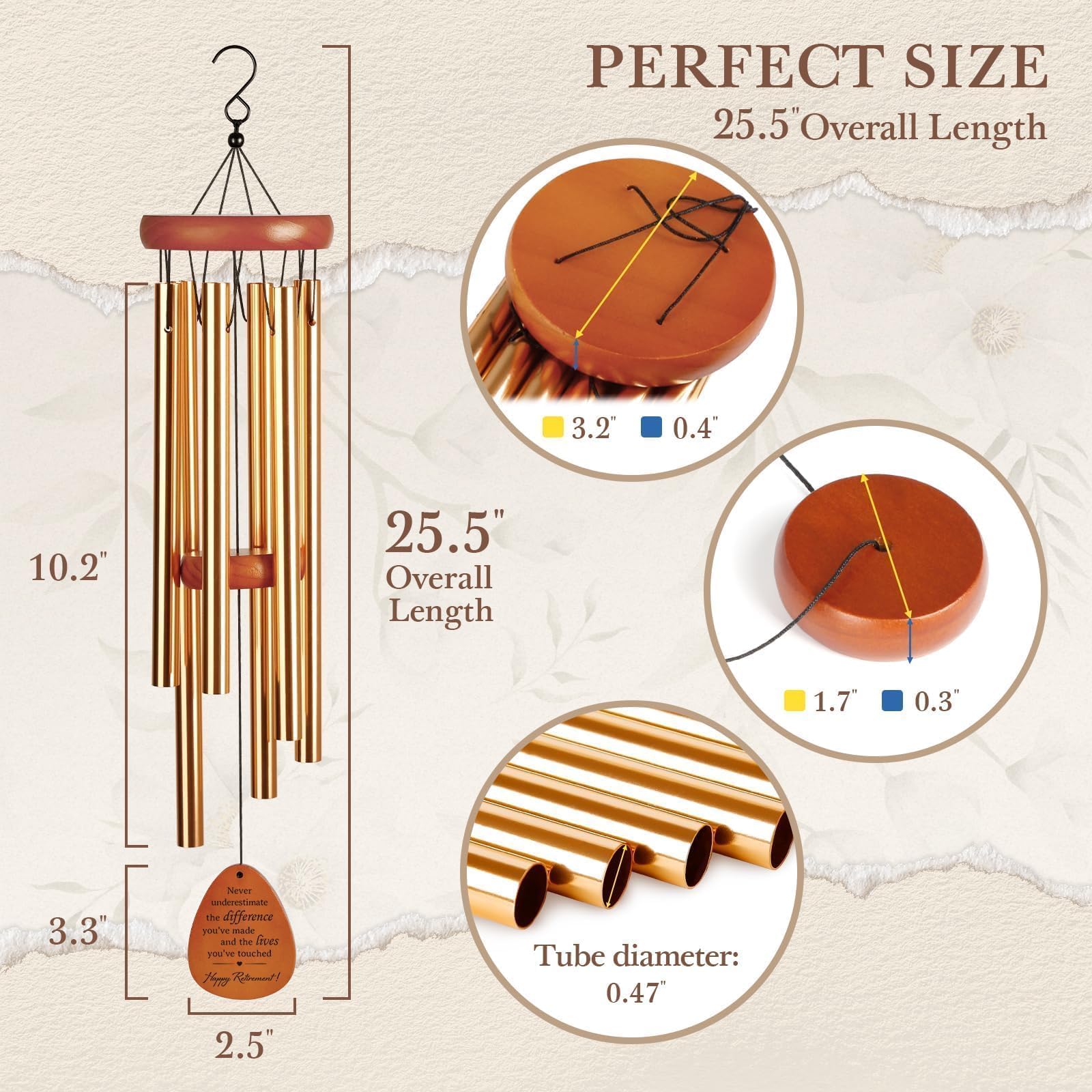 Durable wooden pendants and aluminum tubes on SteadStyle wind chime.