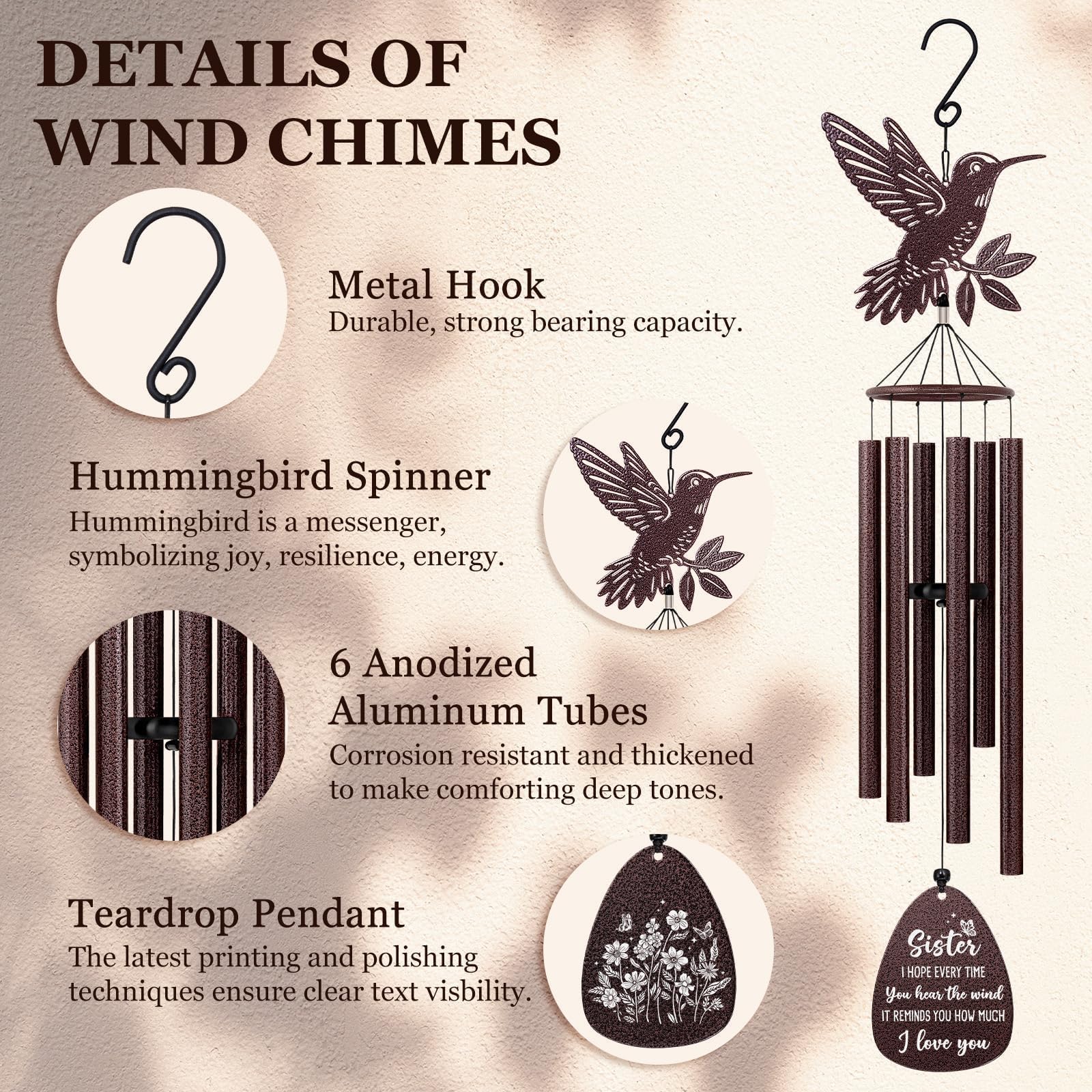 SteadStyle six aluminum tubes offer gentle chime in light breezes.