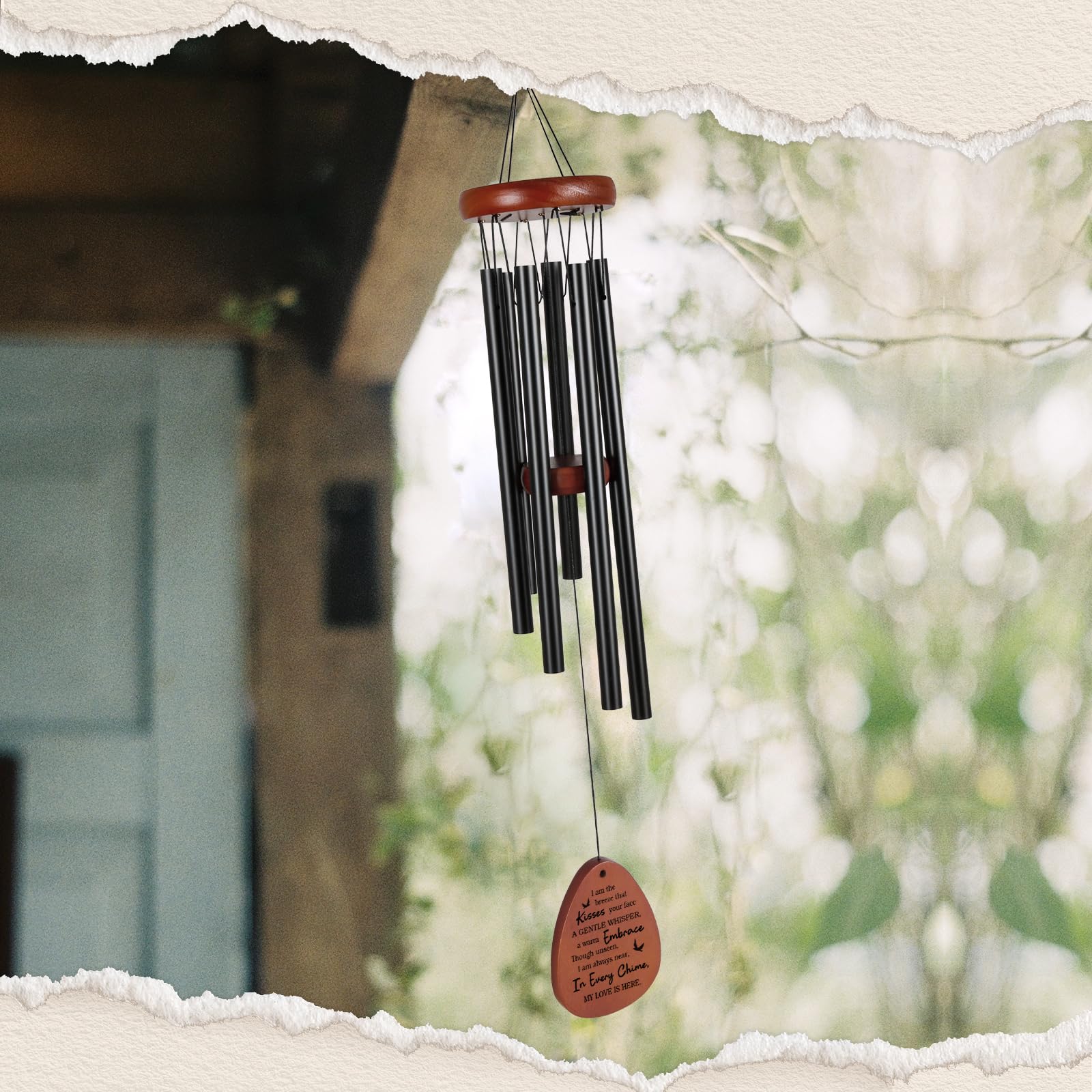 SteadStyle wind chime in garden under bright sun evokes calm, gentle tones.