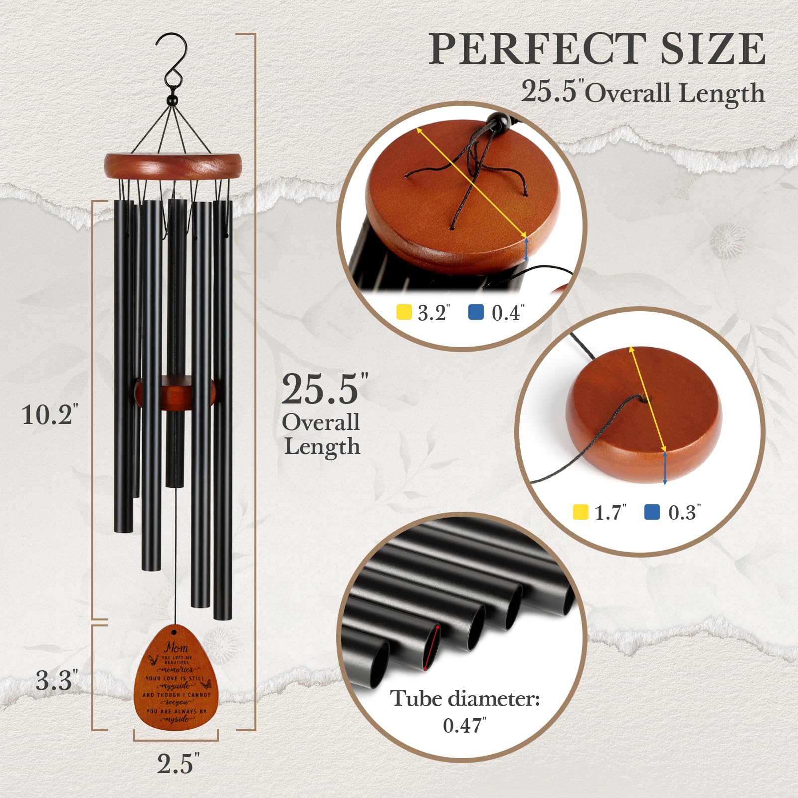SteadStyle wind chime close-up showing premium wood and thickened aluminum tubes.