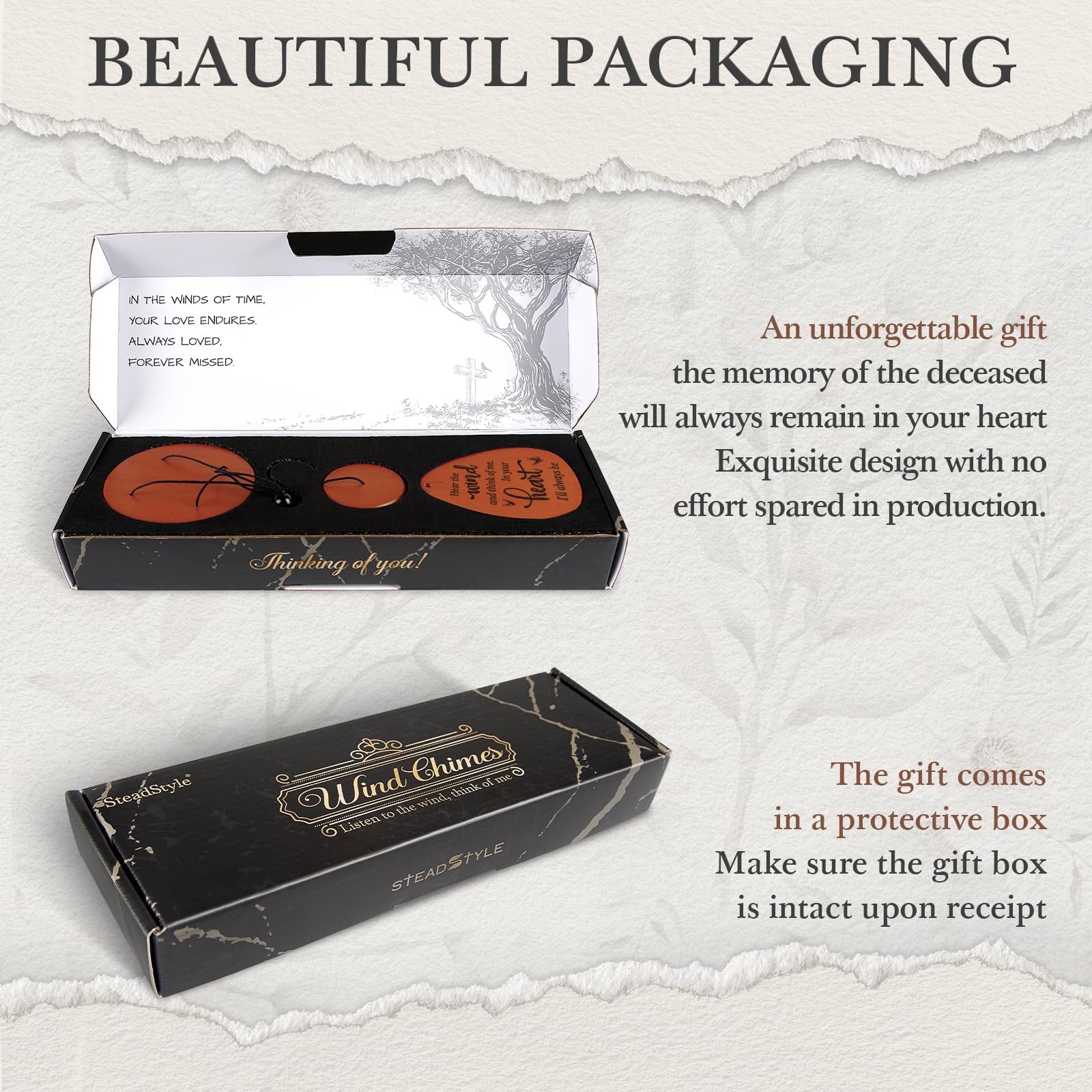 SteadStyle wind chimes in black gift box packaging ready for gifting.
