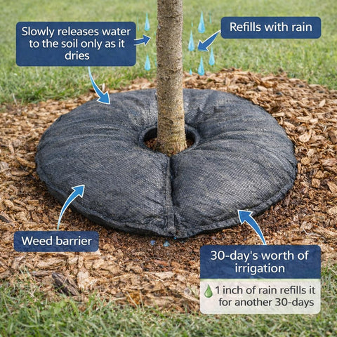 SteadySpring mat installation around a young tree promoting consistent soil moisture.