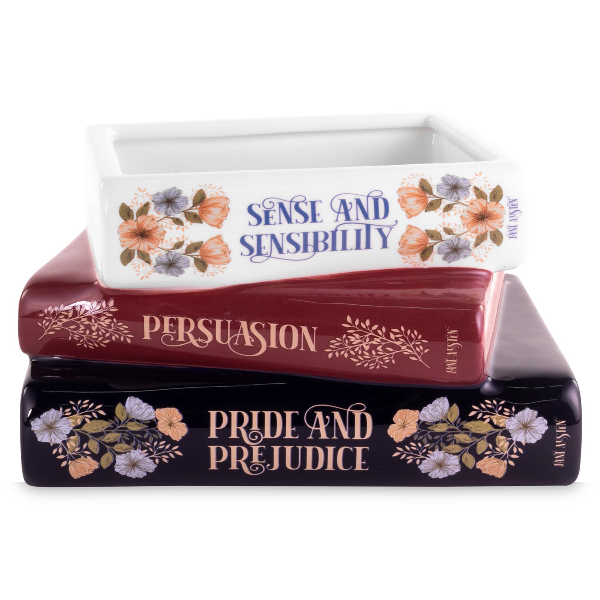 STEEL MILL AND CO Persuasion book-shaped planter enhances bookshelf decor with a small plant