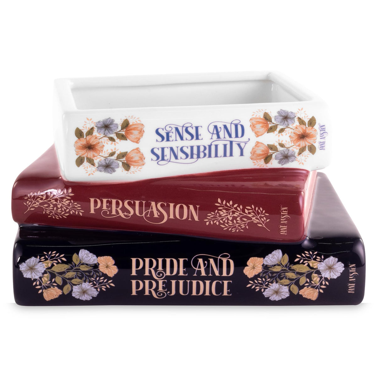 STEEL MILL AND CO Persuasion book-shaped planter enhances bookshelf decor with a small plant