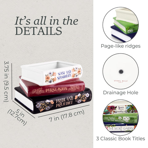 STEEL MILL AND CO book-shaped planter shows ribbed page detail ideal for a small succulent