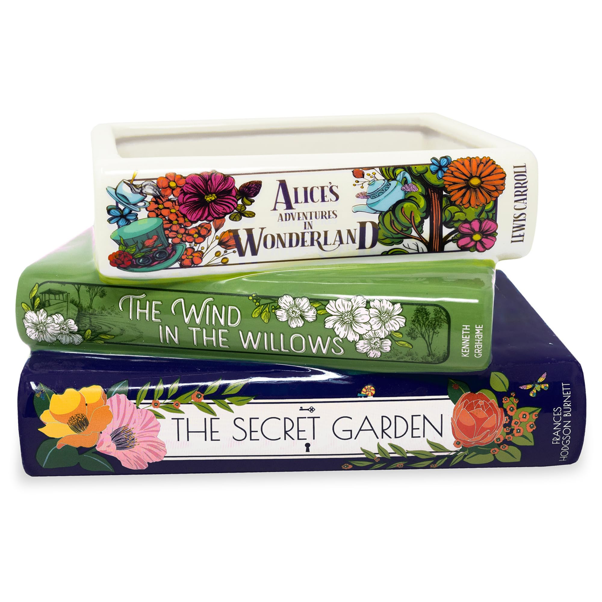 Steel Mill & Co book planter with Alice cover for elegant bookshelf decor.