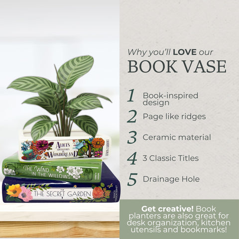 Steel Mill & Co book planter Secret Garden spine adds literary charm to living room.
