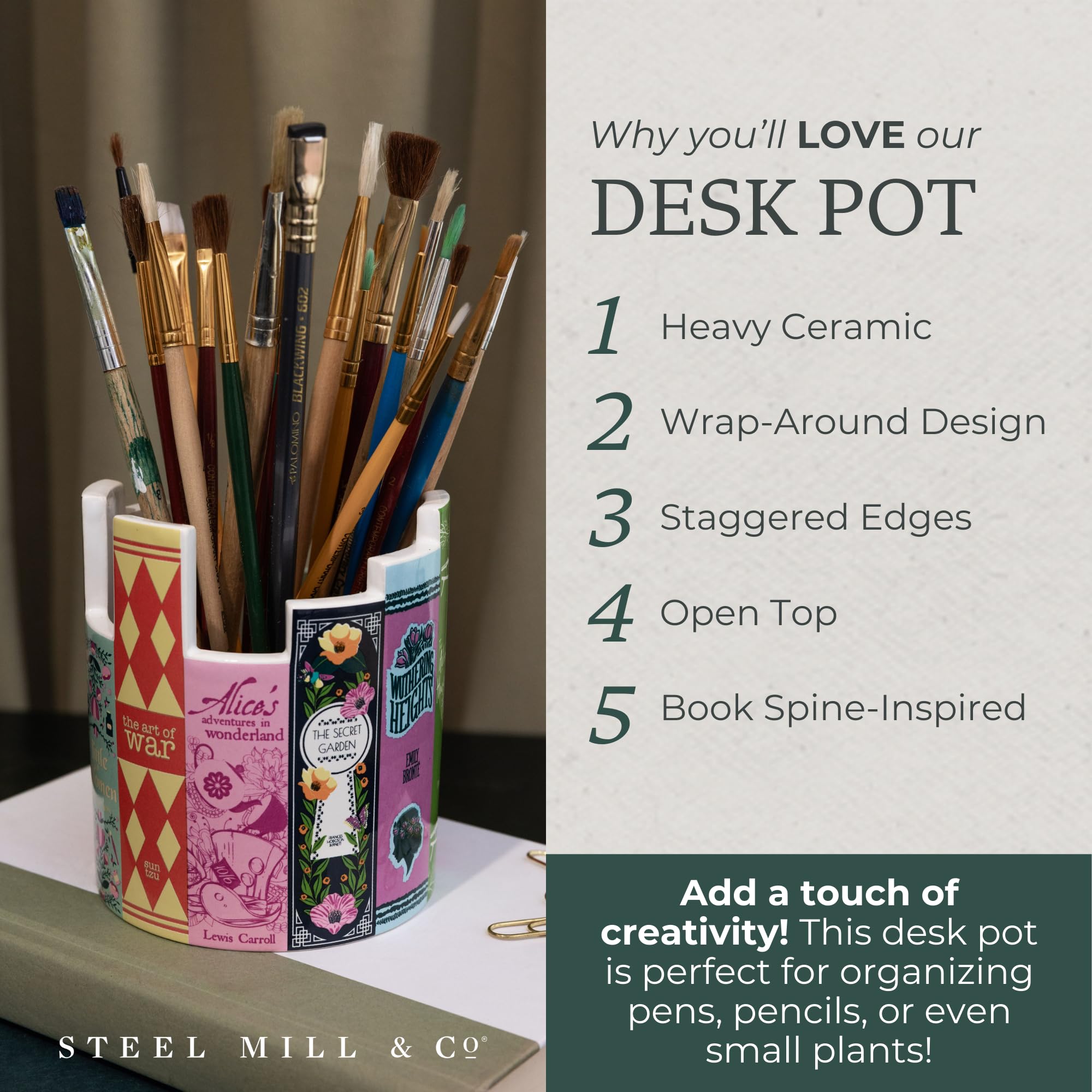 STEEL MILL & CO Ceramic desk pot features durable glaze for everyday use.