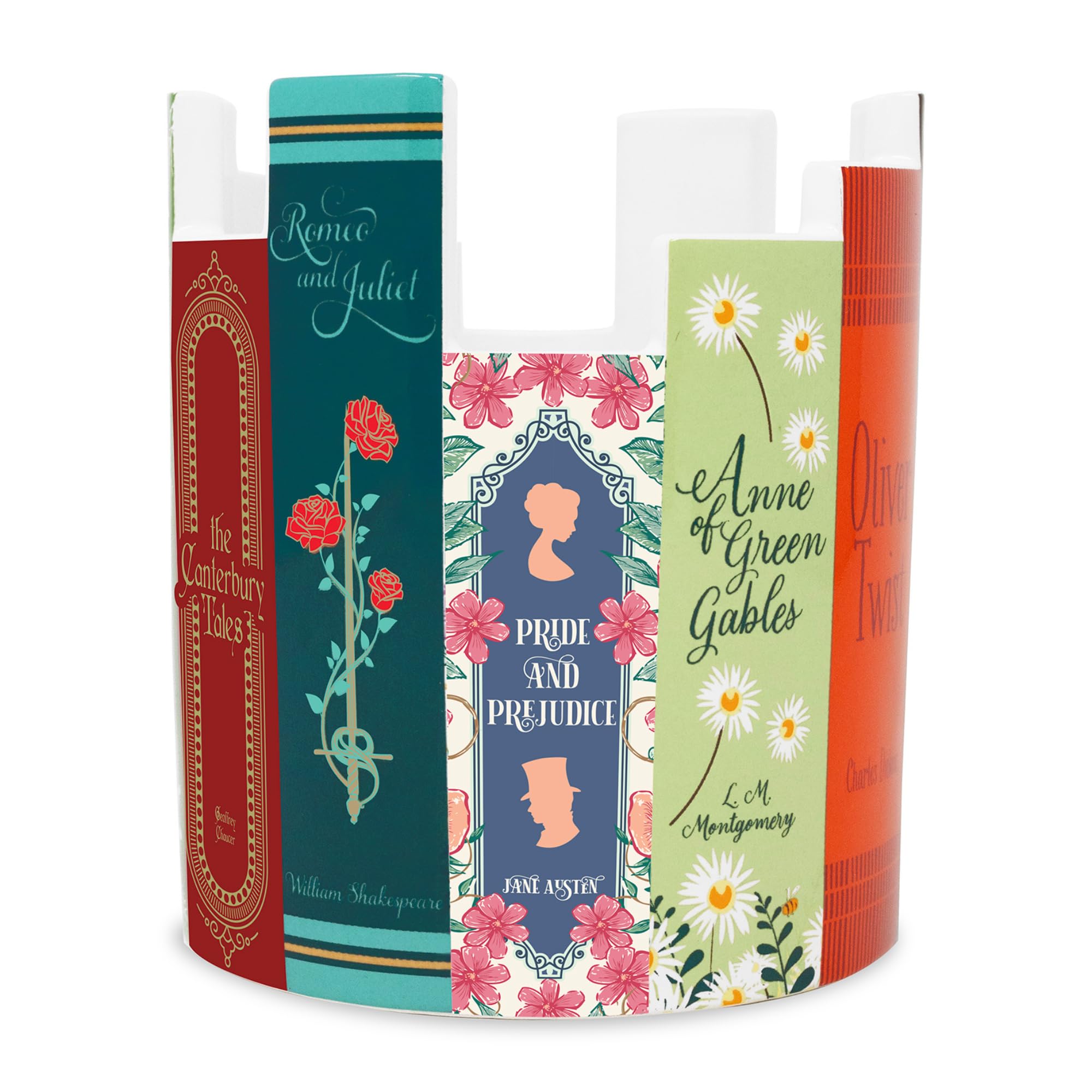 STEEL MILL & CO Ceramic Desk Pot with stacked book spines for elegant desk organization.