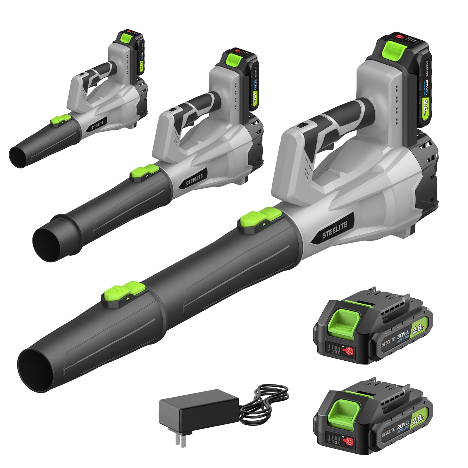 Steelite 21V cordless leaf blower front view showing compact, ergonomic design for easy use.