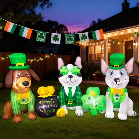 Stegosaurus 7ft St Patrick's Day inflatable with three green puppies in festive outfits lighting up outdoor space