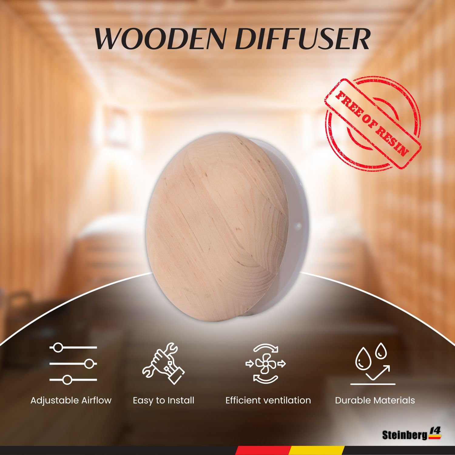 Steinberg14 wooden vent cover side view emphasizes compact design and adjustable airflow control.