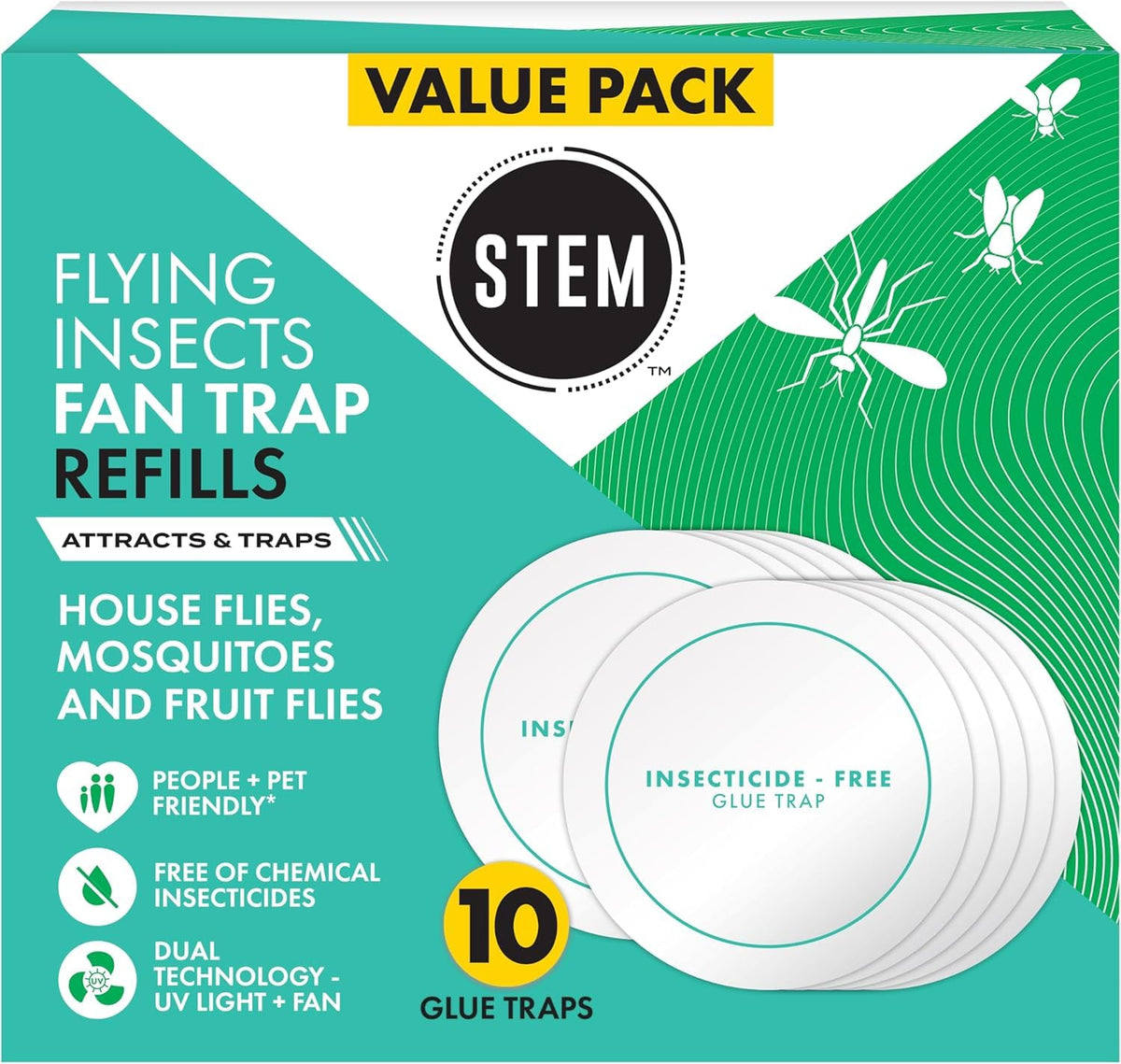 STEM flying insect fan trap glue pad 10-count closeup showing sticky surface for pest capture.