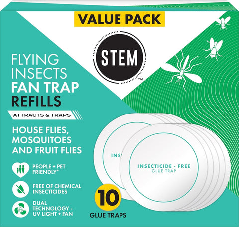STEM flying insect fan trap glue pad 10-count closeup showing sticky surface for pest capture.
