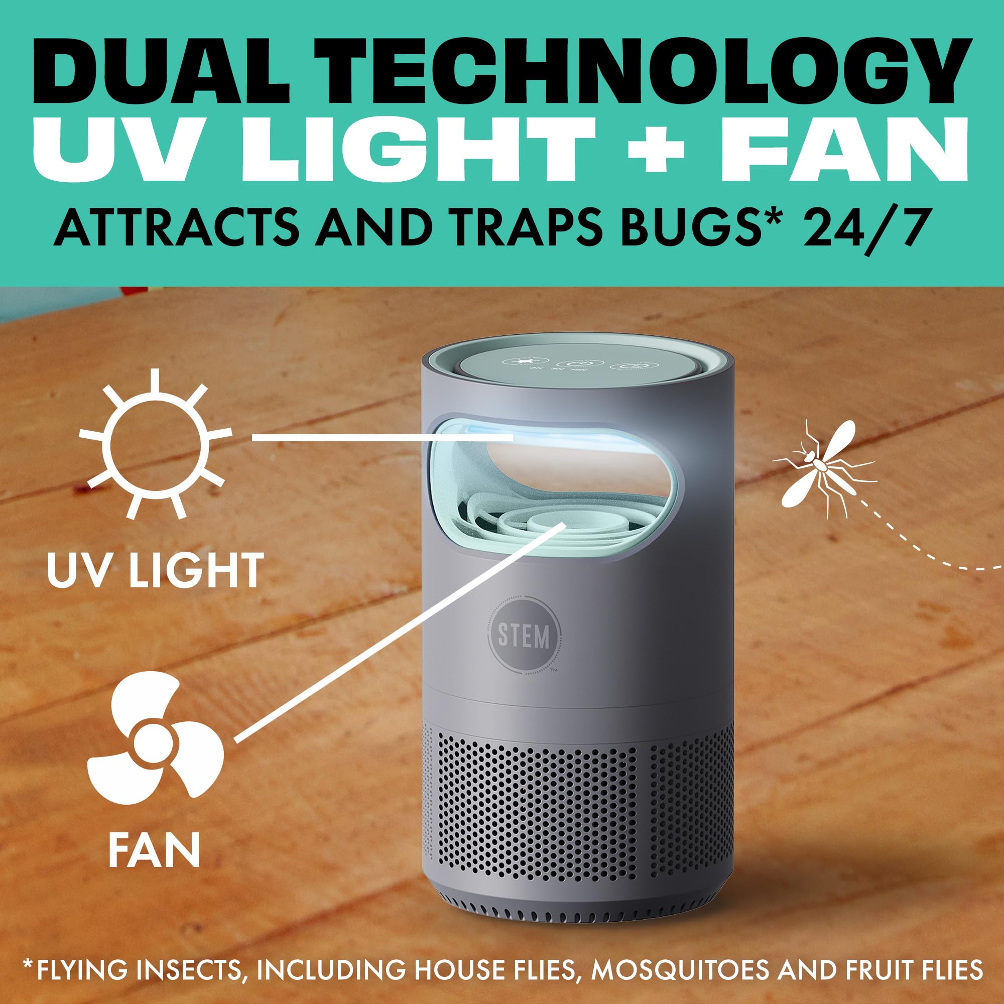 STEM Flying Insect Fan Trap side view highlighting portable design for flexible setup.
