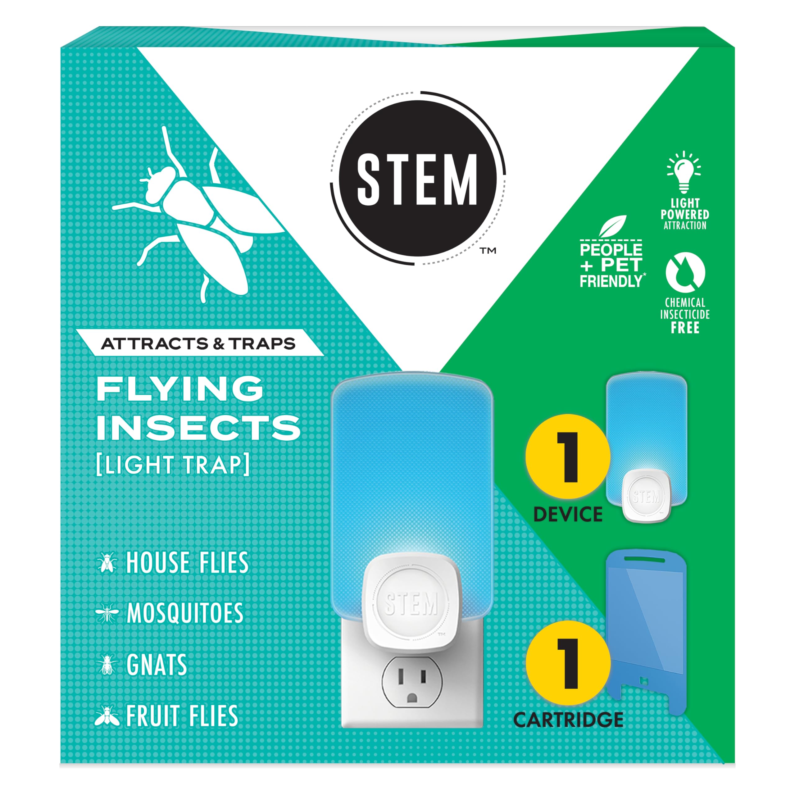 STEM Flying Insect Trap front view shows compact plug-in design and blue light lure