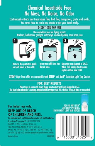 STEM Light Trap refill cartridge operates without chemicals, reducing indoor odor.