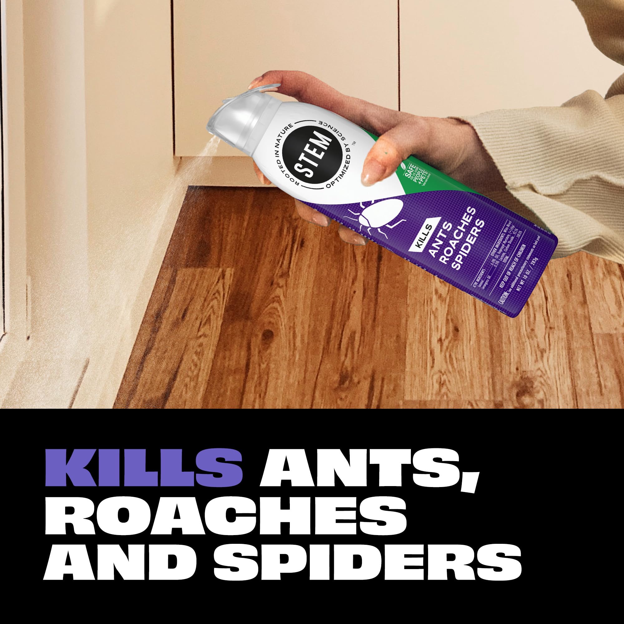 STEM plant-based insecticide bottle safe around people and pets when used as directed.