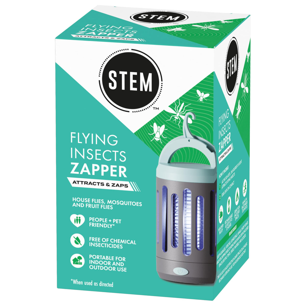 STEM Zapper with 360-degree blue light attracting flying insects for versatile pest control