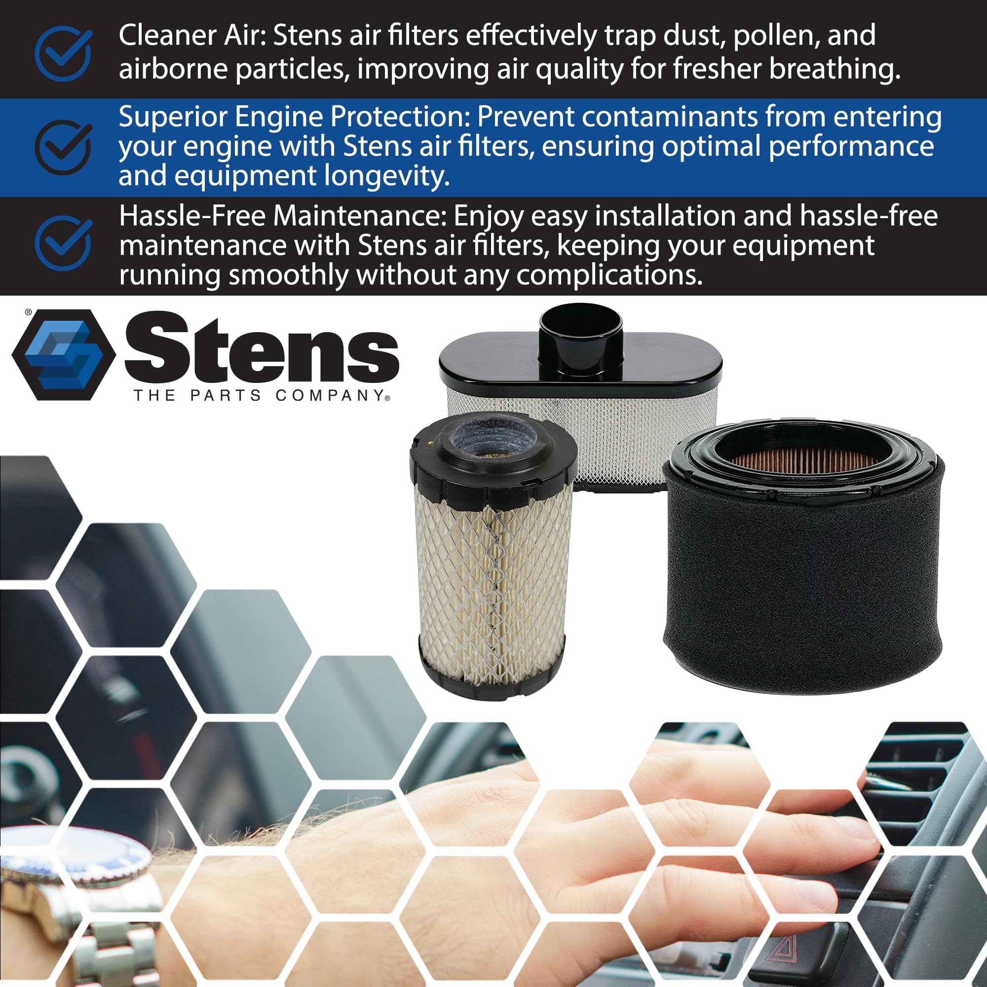 Stens 100-222 air filter height perspective for tight spaces