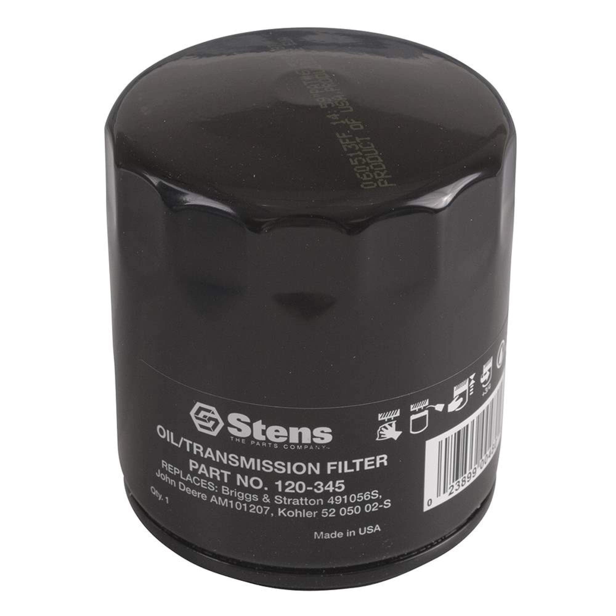 Stens oil filter 120-345 top view highlighting compatibility and filtration efficiency.