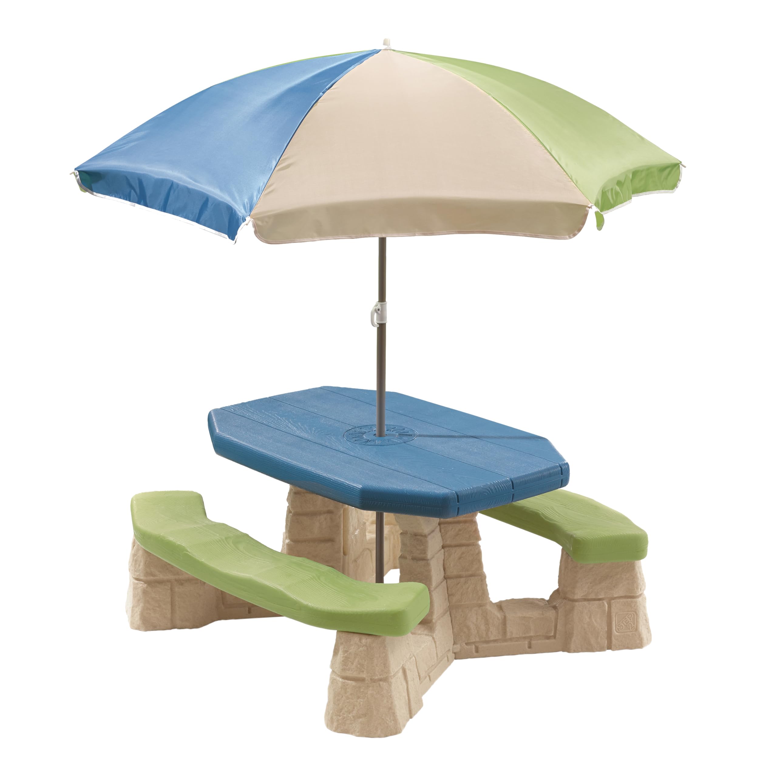 Step2 Naturally Playful Picnic Table with Umbrella provides shade for sunny outdoor meals.