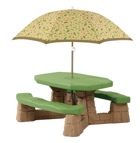Step2 Naturally Playful picnic table umbrella shields kids from sun during outdoor meals.