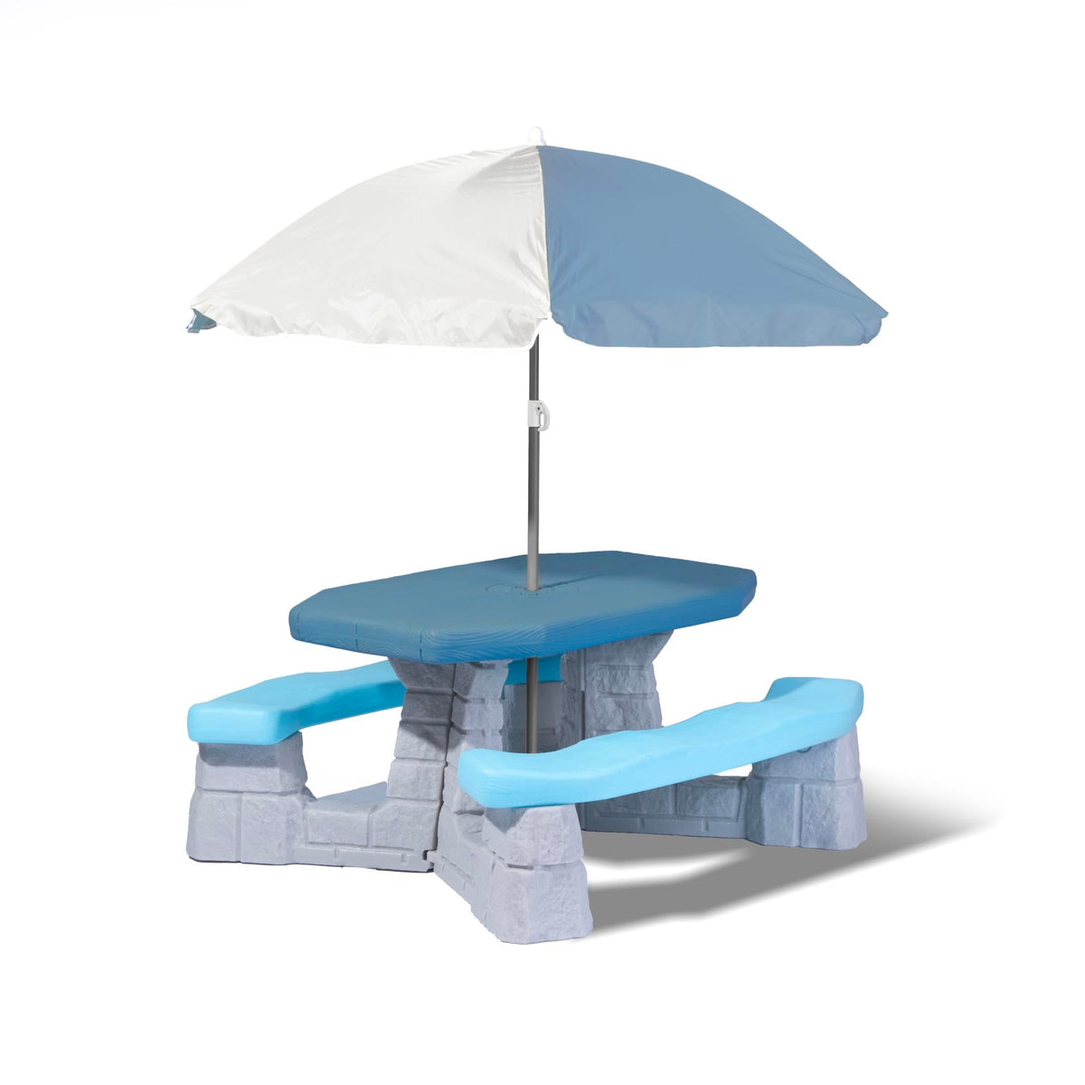 Step2 Sun & Fun Picnic Table with Umbrella provides shade for outdoor meals.