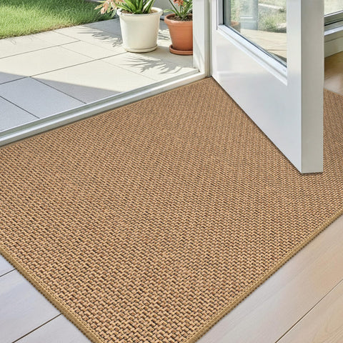 StepAura front view beige mat with low-profile fit under doors.