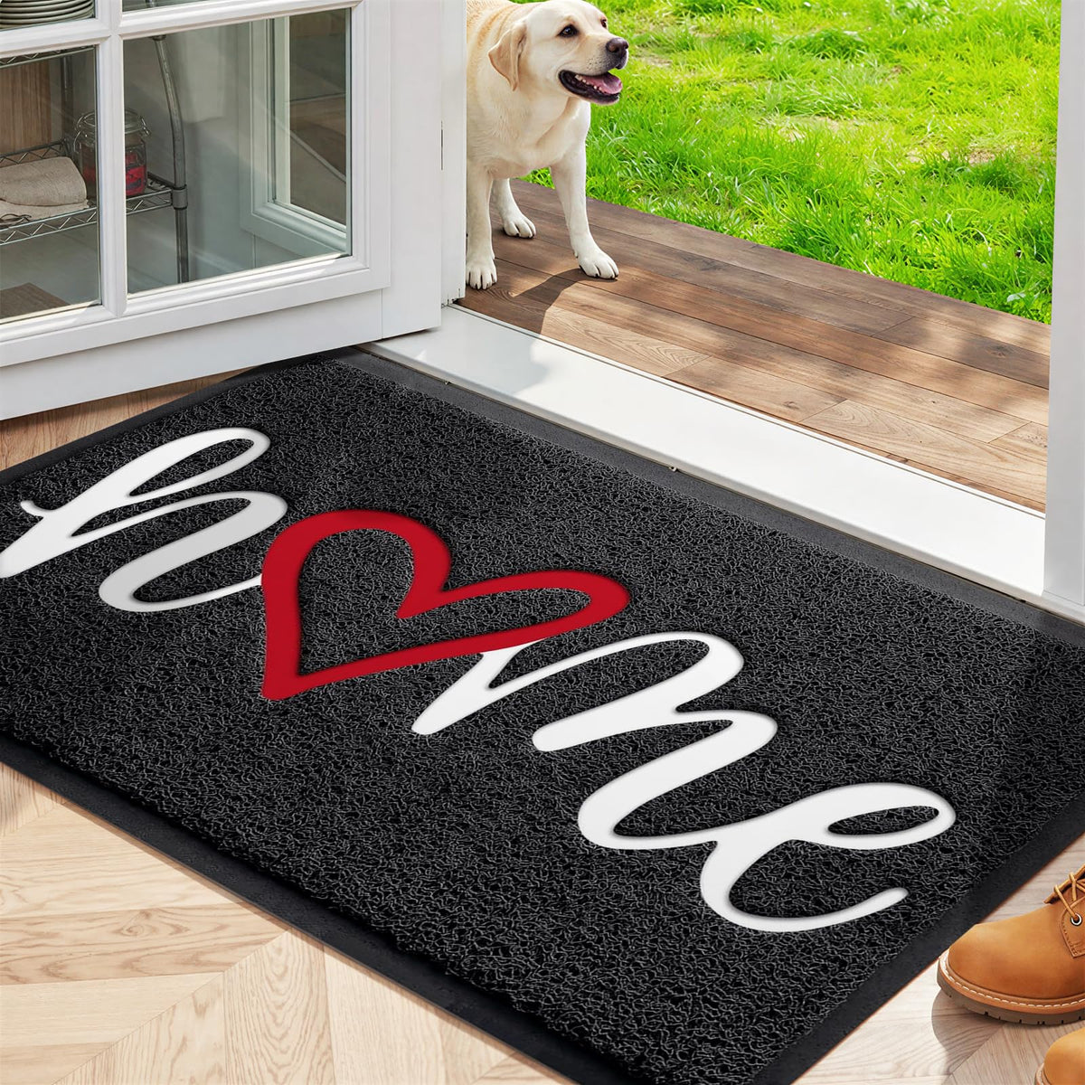 StepLively door mat with embossed home pattern welcomes guests and hides daily dirt.