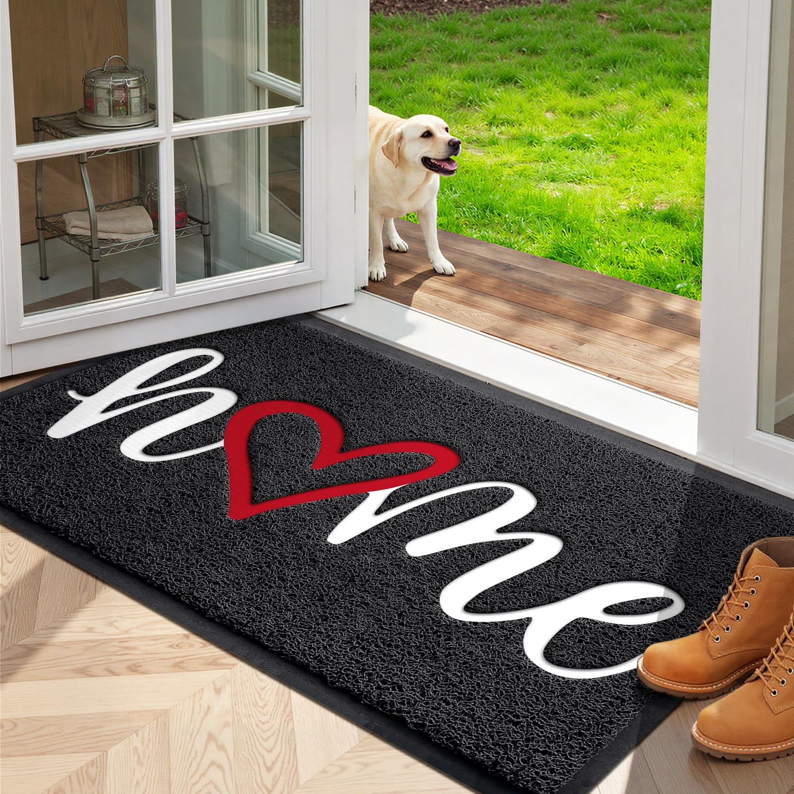 StepLively door mat outdoors shows embossed home pattern trapping dirt at the doorway.